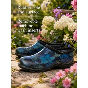 Sloggers Garden Shoes Womens 8 Blue Floral Waterproof Rain Clogs Slip On